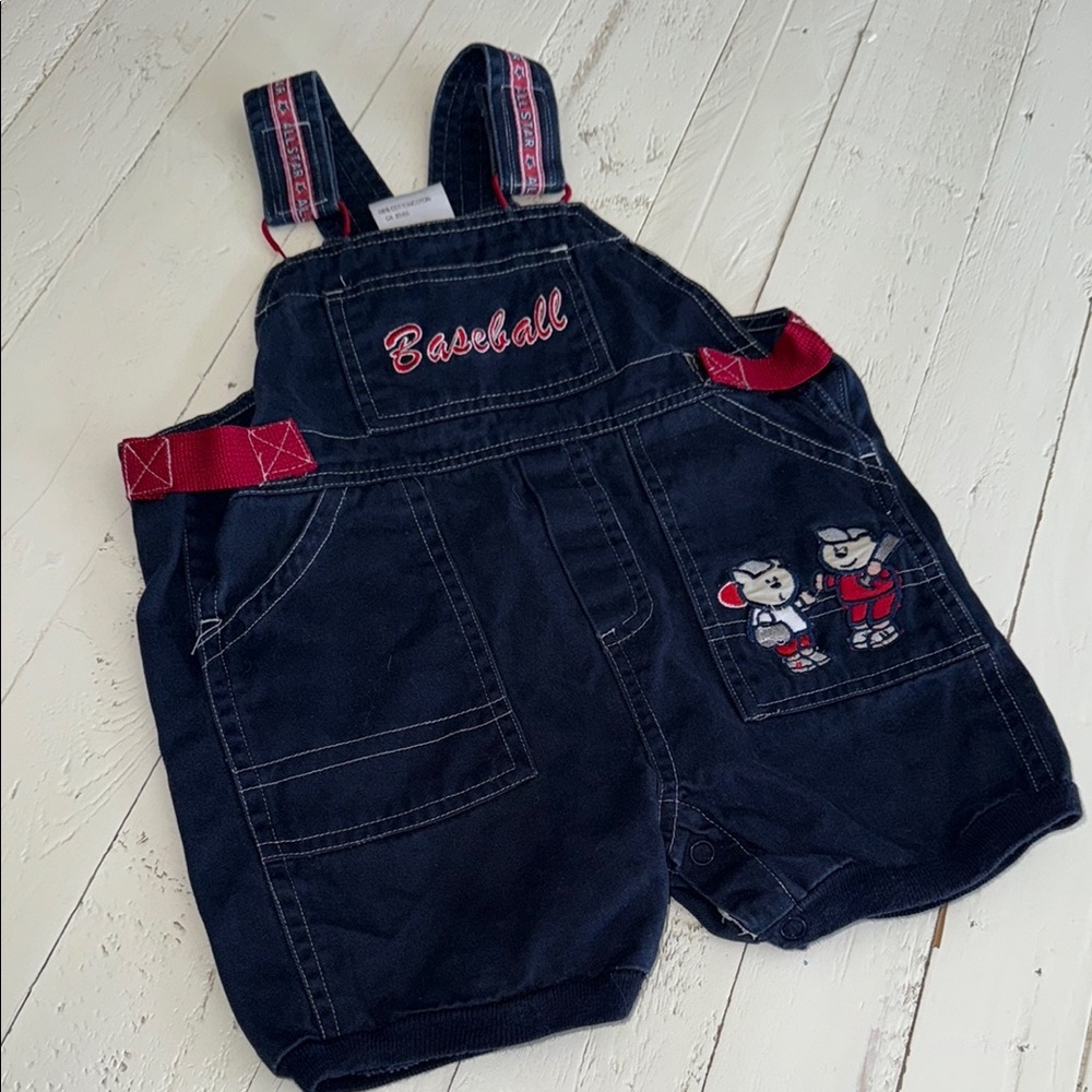 🍄18m VTG 1980s Kids Navy Blue Baseball embroidered cargo Overalls